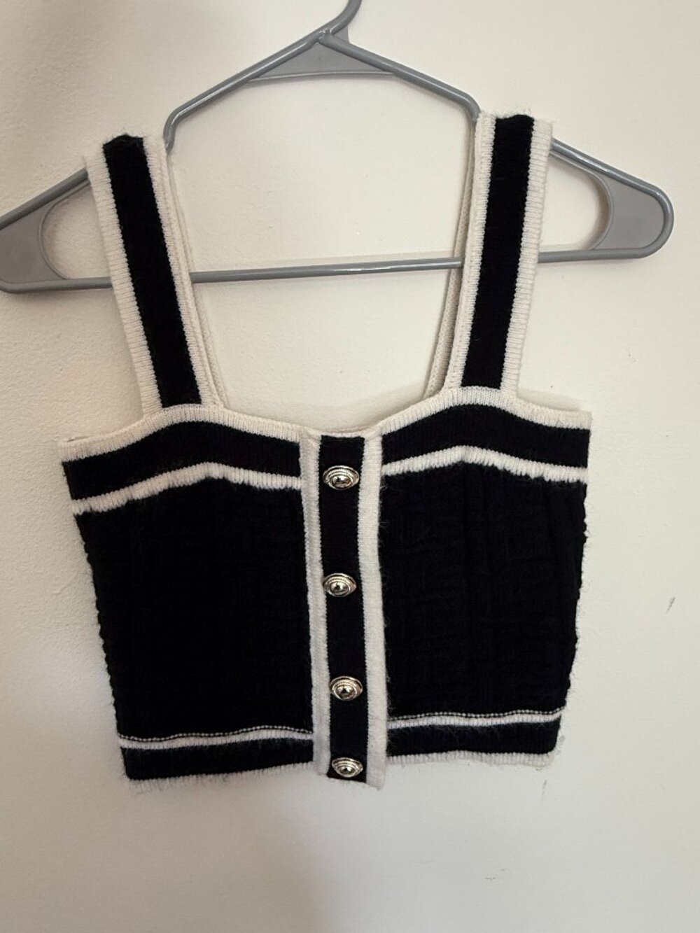 Cider Black and White Cropped Fuzzy Knit Top with Buttons